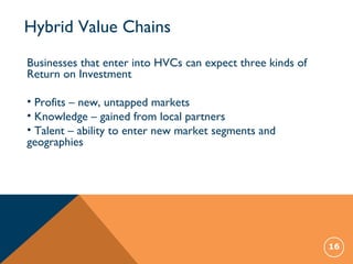 Hybrid Value Chains
16
Businesses that enter into HVCs can expect three kinds of
Return on Investment
• Profits – new, untapped markets
• Knowledge – gained from local partners
• Talent – ability to enter new market segments and
geographies
 