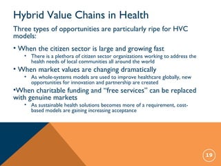 Hybrid Value Chains in Health
19
Three types of opportunities are particularly ripe for HVC
models:
• When the citizen sector is large and growing fast
• There is a plethora of citizen sector organizations working to address the
health needs of local communities all around the world
• When market values are changing dramatically
• As whole-systems models are used to improve healthcare globally, new
opportunities for innovation and partnership are created
•When charitable funding and “free services” can be replaced
with genuine markets
• As sustainable health solutions becomes more of a requirement, cost-
based models are gaining increasing acceptance
 