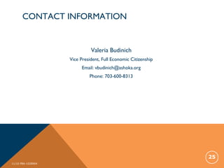 CONTACT INFORMATION
Valeria Budinich
Vice President, Full Economic Citizenship
Email: vbudinich@ashoka.org
Phone: 703-600-8313
25
11/10 PBA-1028904
 