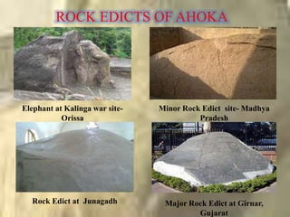 ROCK EDICTS OF AHOKA
Elephant at Kalinga war site-
Orissa
Minor Rock Edict site- Madhya
Pradesh
Rock Edict at Junagadh Major Rock Edict at Girnar,
Gujarat
 