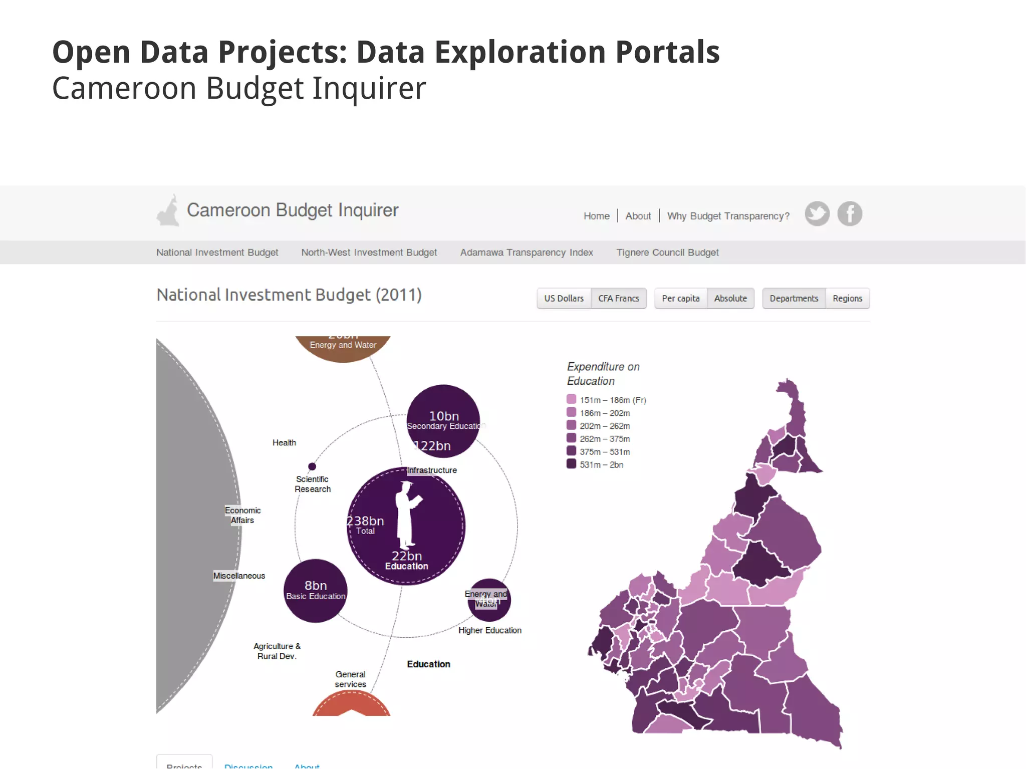 Open Data Projects: Data Exploration Portals
Cameroon Budget Inquirer
 