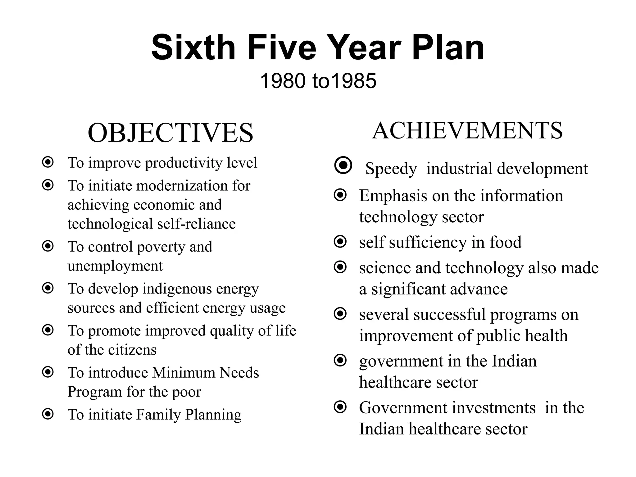 Sixth Five Year Plan
1980 to1985
OBJECTIVES
 To improve productivity level
 To initiate modernization for
achieving economic and
technological self-reliance
 To control poverty and
unemployment
 To develop indigenous energy
sources and efficient energy usage
 To promote improved quality of life
of the citizens
 To introduce Minimum Needs
Program for the poor
 To initiate Family Planning
ACHIEVEMENTS
 Speedy industrial development
 Emphasis on the information
technology sector
 self sufficiency in food
 science and technology also made
a significant advance
 several successful programs on
improvement of public health
 government in the Indian
healthcare sector
 Government investments in the
Indian healthcare sector
 
