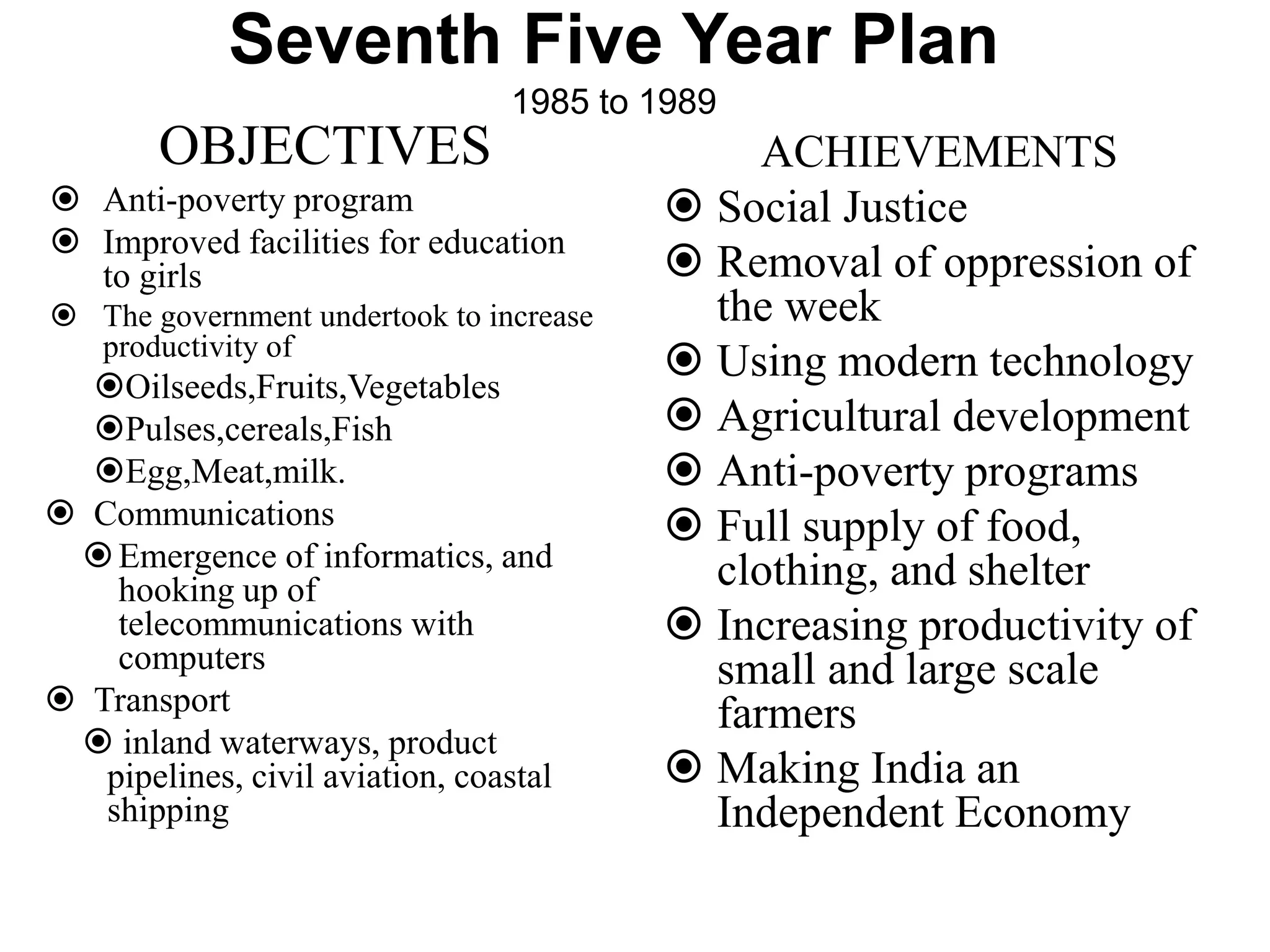 Seventh Five Year Plan
1985 to 1989
OBJECTIVES
 Anti-poverty program
 Improved facilities for education
to girls
 The government undertook to increase
productivity of
Oilseeds,Fruits,Vegetables
Pulses,cereals,Fish
Egg,Meat,milk.
 Communications
Emergence of informatics, and
hooking up of
telecommunications with
computers
 Transport
 inland waterways, product
pipelines, civil aviation, coastal
shipping
ACHIEVEMENTS
 Social Justice
 Removal of oppression of
the week
 Using modern technology
 Agricultural development
 Anti-poverty programs
 Full supply of food,
clothing, and shelter
 Increasing productivity of
small and large scale
farmers
 Making India an
Independent Economy
 