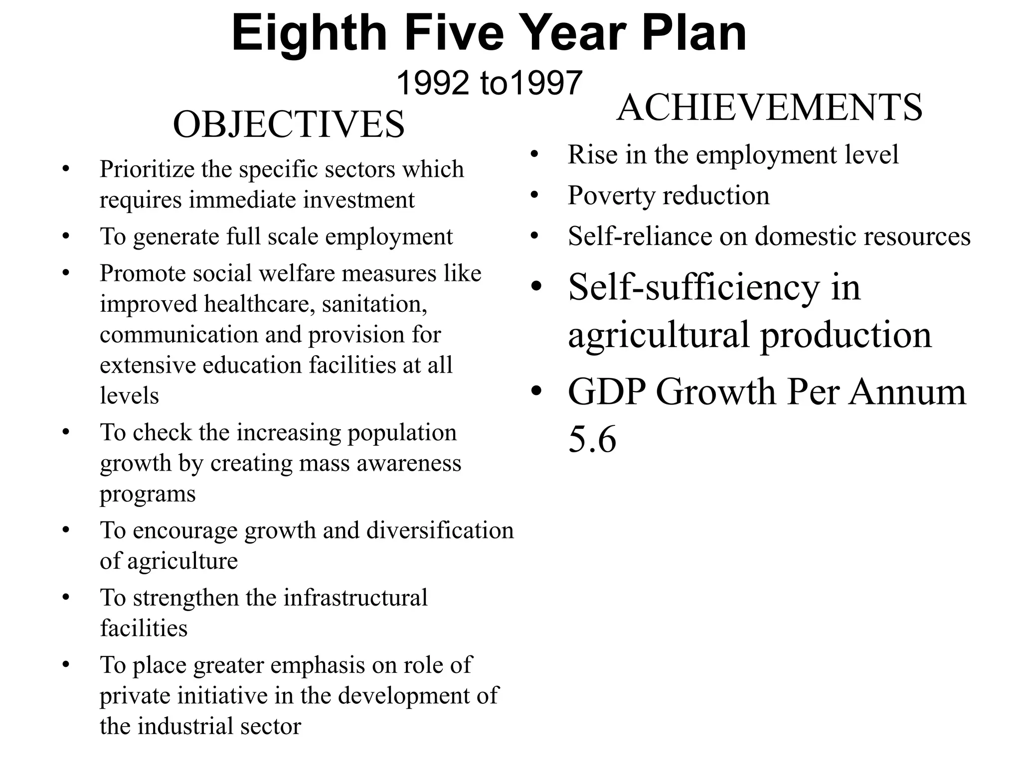 Eighth Five Year Plan
1992 to1997
OBJECTIVES
• Prioritize the specific sectors which
requires immediate investment
• To generate full scale employment
• Promote social welfare measures like
improved healthcare, sanitation,
communication and provision for
extensive education facilities at all
levels
• To check the increasing population
growth by creating mass awareness
programs
• To encourage growth and diversification
of agriculture
• To strengthen the infrastructural
facilities
• To place greater emphasis on role of
private initiative in the development of
the industrial sector
ACHIEVEMENTS
• Rise in the employment level
• Poverty reduction
• Self-reliance on domestic resources
• Self-sufficiency in
agricultural production
• GDP Growth Per Annum
5.6
 