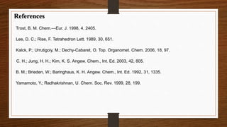 References 
Trost, B. M. Chem.—Eur. J. 1998, 4, 2405. 
Lee, D. C.; Rise, F. Tetrahedron Lett. 1989, 30, 651. 
Kalck, P.; Urrutigoiy, M.; Dechy-Cabaret, O. Top. Organomet. Chem. 2006, 18, 97. 
C. H.; Jung, H. H.; Kim, K. S. Angew. Chem., Int. Ed. 2003, 42, 805. 
B. M.; Brieden, W.; Baringhaus, K. H. Angew. Chem., Int. Ed. 1992, 31, 1335. 
Yamamoto, Y.; Radhakrishnan, U. Chem. Soc. Rev. 1999, 28, 199. 
 