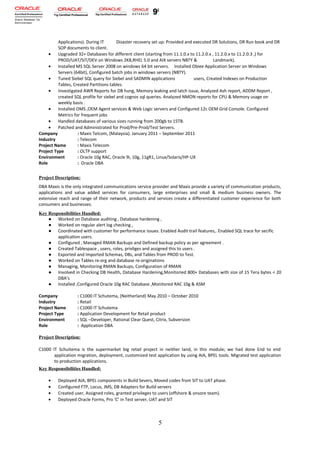 Applications). During IT Disaster recovery set up: Provided and executed DR Solutions, DR Run book and DR
SOP documents to client.
• Upgraded 32+ Databases for different client (starting from 11.1.0.x to 11.2.0.x , 11.2.0.x to 11.2.0.3 ,) for
PROD/UAT/SIT/DEV on Windows 2K8,RHEL 5.0 and AIX servers NBTY & Landmark).
• Installed MS SQL Server 2008 on windows 64 bit servers. Installed Obiee Application Server on Windows
Servers (64bit), Configured batch jobs in windows servers (NBTY).
• Tuned Siebel SQL query for Siebel and SADMIN applications users, Created Indexes on Production
Tables, Created Partitions tables.
• Investigated AWR Reports for DB hung, Memory leaking and latch issue, Analyzed Ash report, ADDM Report ,
created SQL profile for siebel and cognos sql queries. Analyzed NMON reports for CPU & Memory usage on
weekly basis .
• Installed OMS ,OEM Agent services & Web Logic servers and Configured 12c OEM Grid Console. Configured
Metrics for frequent jobs
• Handled databases of various sizes running from 200gb to 15TB.
• Patched and Administrated for Prod/Pre-Prod/Test Servers.
Company : Maxis Telcom, (Malaysia). January 2011 – September 2011
Industry : Telecom
Project Name : Maxis Telecom
Project Type : OLTP support
Environment : Oracle 10g RAC, Oracle 9i, 10g, 11gR1, Linux/Solaris/HP-UX
Role : Oracle DBA
Project Description:
DBA Maxis is the only integrated communications service provider and Maxis provide a variety of communication products,
applications and value added services for consumers, large enterprises and small & medium business owners. The
extensive reach and range of their network, products and services create a differentiated customer experience for both
consumers and businesses.
Key Responsibilities Handled:
● Worked on Database auditing , Database hardening ,
● Worked on regular alert log checking ,
● Coordinated with customer for performance issues. Enabled Audit trail features,. Enabled SQL trace for secific
application users.
● Configured , Managed RMAN Backups and Defined backup policy as per agreement .
● Created Tablespace , users, roles, privliges and assigned this to users .
● Exported and Imported Schemas, DBs, and Tables from PROD to Test.
● Worked on Tables re-org and database re-originations
● Managing, Monitoring RMAN Backups, Configuration of RMAN
● Involved in Checking DB Health, Database Hardening,Monitoried 800+ Databases with size of 15 Tera bytes < 20
DBA’s
● Installed ,Configured Oracle 10g RAC Database ,Monitored RAC 10g & ASM
Company : C1000 IT Schutema, (Neitherland) May 2010 – October 2010
Industry : Retail
Project Name : C1000 IT Schutema
Project Type : Application Development for Retail product
Environment : SQL –Developer, Rational Clear Quest, Citrix, Subversion
Role : Application DBA
Project Description:
C1000 IT Schuitema is the supermarket big retail project in neither land, in this module; we had done End to end
application migration, deployment, customized test application by using AIA, BPEL tools. Migrated test application
to production applications.
Key Responsibilities Handled:
• Deployed AIA, BPEL components in Build Severs, Moved codes from SIT to UAT phase.
• Configured FTP, Locus, JMS, DB Adapters for Build servers
• Created user, Assigned roles, granted privileges to users (offshore & onsore team).
• Deployed Oracle Forms, Pro ‘C’ in Test server, UAT and SIT
5
 