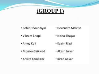 (GROUP 1)
• Rohit Dhoundiyal

• Devendra Malviya

• Vikram Bhopi

• Nisha Bhagat

• Amey Koli

• Kazim Rizvi

• Monika Gaikwad

• Akash Juikar

• Ankita Kamalkar

• Kiran Adkar

 