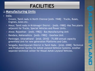  Manufacturing Units
 India:
 Ennore, Tamil nadu in North Chennai [estb. 1948] – Trucks, Buses,
Engines, Axles etc.
 Hosur, Tamil nadu in Krishnagiri District - [estb.-1980] -Has Two plants
adjacent for Trucks, Special Vehicles and Power Units.
 Alwar, Rajasthan – [estb.-1982] - Bus Manufacturing Unit
 Bandara, Maharashtra – [estb.-1982] – Gearbox Unit
 Pantnagar, Uttarakhand – [etsb.-2010] – 75,000 annual capacity
greenfield Unit for new generation Platforms and Cabs.
 Sengadu, Kanchipuram District in Tamil Nadu - [etsb.-2008] -Technical
and Production facility for Ashok Leyland Defence Systems. Another
separate technical center for Nissan Ashok Leyland Vehicles.
 