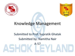 Knowledge Management
Submitted to:Prof. Supratik Ghatak
Submitted by: Namitha Nair
A-57
 