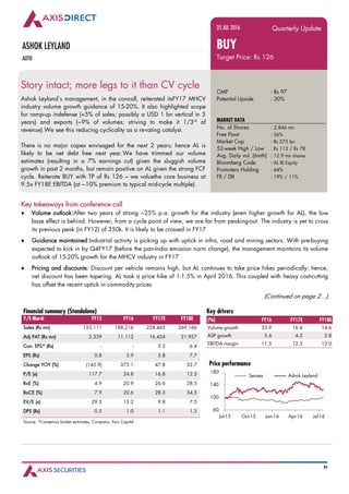 01
ASHOK LEYLAND
AUTO
Story intact; more legs to it than CV cycle
Ashok Leyland’s management, in the concall, reiterated itsFY17 MHCV
industry volume growth guidance of 15-20%. It also highlighted scope
for ramp-up indefense (<5% of sales; possibly a USD 1 bn vertical in 5
years) and exports (~9% of volumes; striving to make it 1/3rd
of
revenue).We see this reducing cyclicality as a re-rating catalyst.
There is no major capex envisaged for the next 2 years; hence AL is
likely to be net debt free next year.We have trimmed our volume
estimates (resulting in a 7% earnings cut) given the sluggish volume
growth in past 2 months, but remain positive on AL given the strong FCF
cycle. Reiterate BUY with TP of Rs 126 – we valuethe core business at
9.5x FY18E EBITDA (at ~10% premium to typical mid-cycle multiple).
25 JUL 2016 Quarterly Update
BUY
Target Price: Rs 126
CMP : Rs 97
Potential Upside : 30%
MARKET DATA
No. of Shares : 2,846 mn
Free Float : 56%
Market Cap : Rs 275 bn
52-week High / Low : Rs 113 / Rs 78
Avg. Daily vol. (6mth) : 12.9 mn shares
Bloomberg Code : AL IB Equity
Promoters Holding : 44%
FII / DII : 19% / 11%
Key takeaways from conference call
♦ Volume outlook:After two years of strong ~25% p.a. growth for the industry (even higher growth for AL), the low
base effect is behind. However, from a cycle point of view, we are far from peaking-out. The industry is yet to cross
its previous peak (in FY12) of 350k. It is likely to be crossed in FY17
♦ Guidance maintained:Industrial activity is picking up with uptick in infra, road and mining sectors. With pre-buying
expected to kick in by Q4FY17 (before the pan-India emission norm change), the management maintains its volume
outlook of 15-20% growth for the MHCV industry in FY17
♦ Pricing and discounts: Discount per vehicle remains high, but AL continues to take price hikes periodically; hence,
net discount has been tapering. AL took a price hike of 1-1.5% in April 2016. This coupled with heavy cost-cutting
has offset the recent uptick in commodity prices
(Continued on page 2…)
Financial summary (Standalone)
Y/E March FY15 FY16 FY17E FY18E
Sales (Rs mn) 133,111 188,216 228,465 269,166
Adj PAT (Rs mn) 2,339 11,112 16,424 21,957
Con. EPS* (Rs) - - 5.3 6.4
EPS (Rs) 0.8 3.9 5.8 7.7
Change YOY (%) (145.9) 375.1 47.8 33.7
P/E (x) 117.7 24.8 16.8 12.5
RoE (%) 4.9 20.9 26.6 28.5
RoCE (%) 7.9 20.6 28.3 34.5
EV/E (x) 29.3 13.2 9.8 7.5
DPS (Rs) 0.5 1.0 1.1 1.3
Source: ^Consensus broker estimates, Company, Axis Capital
Key drivers
(%) FY16 FY17E FY18E
Volume growth 33.9 16.4 14.6
ASP growth 5.6 4.3 2.8
EBITDA margin 11.5 12.3 13.0
Price performance
60
100
140
180
Jul-15 Oct-15 Jan-16 Apr-16 Jul-16
Sensex Ashok Leyland
 