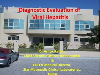 Diagnostic Evaluation of
Viral Hepatitis

Dr Ashok Rattan,
Chief Scientific Officer, RAK Hospital
&
COO & Medical Director,
Star Metropolis Clinical Laboratories,

 