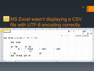 18




MS Excel wasn't displaying a CSV
file with UTF-8 encoding correctly.
 