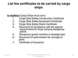 List the certificates to be carried by cargo ships
All Ships
1. Certificate of Registry
2. International Tonnage Certificate
3. International Loadline Certificate
4. Intact stability booklet
5. Minimum safe manning document
6. Certificate of Masters, Officers and ratings
7. Deratting Certificate
8. International Oil Pollution Prevention Certificate
9. Oil Record Book
28
 