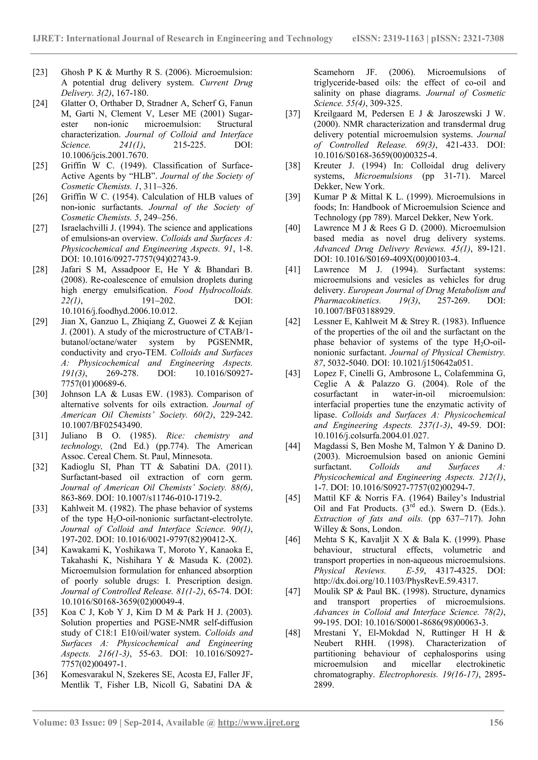 IJRET: International Journal of Research in Engineering and Technology eISSN: 2319-1163 | pISSN: 2321-7308 
_______________________________________________________________________________________ 
Volume: 03 Issue: 09 | Sep-2014, Available @ http://www.ijret.org 156 
[23] Ghosh P K & Murthy R S. (2006). Microemulsion: A potential drug delivery system. Current Drug Delivery. 3(2), 167-180. 
[24] Glatter O, Orthaber D, Stradner A, Scherf G, Fanun M, Garti N, Clement V, Leser ME (2001) Sugar- ester non-ionic microemulsion: Structural characterization. Journal of Colloid and Interface Science. 241(1), 215-225. DOI: 10.1006/jcis.2001.7670. 
[25] Griffin W C. (1949). Classification of Surface- Active Agents by “HLB”. Journal of the Society of Cosmetic Chemists. 1, 311–326. 
[26] Griffin W C. (1954). Calculation of HLB values of non-ionic surfactants. Journal of the Society of Cosmetic Chemists. 5, 249–256. 
[27] Israelachvilli J. (1994). The science and applications of emulsions-an overview. Colloids and Surfaces A: Physicochemical and Engineering Aspects. 91, 1-8. DOI: 10.1016/0927-7757(94)02743-9. 
[28] Jafari S M, Assadpoor E, He Y & Bhandari B. (2008). Re-coalescence of emulsion droplets during high energy emulsification. Food Hydrocolloids. 22(1), 191–202. DOI: 10.1016/j.foodhyd.2006.10.012. 
[29] Jian X, Ganzuo L, Zhiqiang Z, Guowei Z & Kejian J. (2001). A study of the microstructure of CTAB/1- butanol/octane/water system by PGSENMR, conductivity and cryo-TEM. Colloids and Surfaces A: Physicochemical and Engineering Aspects. 191(3), 269-278. DOI: 10.1016/S0927- 7757(01)00689-6. 
[30] Johnson LA & Lusas EW. (1983). Comparison of alternative solvents for oils extraction. Journal of American Oil Chemists’ Society. 60(2), 229-242. 10.1007/BF02543490. 
[31] Juliano B O. (1985). Rice: chemistry and technology, (2nd Ed.) (pp.774). The American Assoc. Cereal Chem. St. Paul, Minnesota. 
[32] Kadioglu SI, Phan TT & Sabatini DA. (2011). Surfactant-based oil extraction of corn germ. Journal of American Oil Chemists’ Society. 88(6), 863-869. DOI: 10.1007/s11746-010-1719-2. 
[33] Kahlweit M. (1982). The phase behavior of systems of the type H2O-oil-nonionic surfactant-electrolyte. Journal of Colloid and Interface Science. 90(1), 197-202. DOI: 10.1016/0021-9797(82)90412-X. 
[34] Kawakami K, Yoshikawa T, Moroto Y, Kanaoka E, Takahashi K, Nishihara Y & Masuda K. (2002). Microemulsion formulation for enhanced absorption of poorly soluble drugs: I. Prescription design. Journal of Controlled Release. 81(1-2), 65-74. DOI: 10.1016/S0168-3659(02)00049-4. 
[35] Koa C J, Kob Y J, Kim D M & Park H J. (2003). Solution properties and PGSE-NMR self-diffusion study of C18:1 E10/oil/water system. Colloids and Surfaces A: Physicochemical and Engineering Aspects. 216(1-3), 55-63. DOI: 10.1016/S0927- 7757(02)00497-1. 
[36] Komesvarakul N, Szekeres SE, Acosta EJ, Faller JF, Mentlik T, Fisher LB, Nicoll G, Sabatini DA & 
Scamehorn JF. (2006). Microemulsions of triglyceride-based oils: the effect of co-oil and salinity on phase diagrams. Journal of Cosmetic Science. 55(4), 309-325. 
[37] Kreilgaard M, Pedersen E J & Jaroszewski J W. (2000). NMR characterization and transdermal drug delivery potential microemulsion systems. Journal of Controlled Release. 69(3), 421-433. DOI: 10.1016/S0168-3659(00)00325-4. 
[38] Kreuter J. (1994) In: Colloidal drug delivery systems, Microemulsions (pp 31-71). Marcel Dekker, New York. 
[39] Kumar P & Mittal K L. (1999). Microemulsions in foods; In: Handbook of Microemulsion Science and Technology (pp 789). Marcel Dekker, New York. 
[40] Lawrence M J & Rees G D. (2000). Microemulsion based media as novel drug delivery systems. Advanced Drug Delivery Reviews. 45(1), 89-121. DOI: 10.1016/S0169-409X(00)00103-4. 
[41] Lawrence M J. (1994). Surfactant systems: microemulsions and vesicles as vehicles for drug delivery. European Journal of Drug Metabolism and Pharmacokinetics. 19(3), 257-269. DOI: 10.1007/BF03188929. 
[42] Lessner E, Kahlweit M & Strey R. (1983). Influence of the properties of the oil and the surfactant on the phase behavior of systems of the type H2O-oil- nonionic surfactant. Journal of Physical Chemistry. 87, 5032-5040. DOI: 10.1021/j150642a051. 
[43] Lopez F, Cinelli G, Ambrosone L, Colafemmina G, Ceglie A & Palazzo G. (2004). Role of the cosurfactant in water-in-oil microemulsion: interfacial properties tune the enzymatic activity of lipase. Colloids and Surfaces A: Physicochemical and Engineering Aspects. 237(1-3), 49-59. DOI: 10.1016/j.colsurfa.2004.01.027. 
[44] Magdassi S, Ben Moshe M, Talmon Y & Danino D. (2003). Microemulsion based on anionic Gemini surfactant. Colloids and Surfaces A: Physicochemical and Engineering Aspects. 212(1), 1-7. DOI: 10.1016/S0927-7757(02)00294-7. 
[45] Mattil KF & Norris FA. (1964) Bailey‟s Industrial Oil and Fat Products. (3rd ed.). Swern D. (Eds.). Extraction of fats and oils. (pp 637–717). John Willey & Sons, London. 
[46] Mehta S K, Kavaljit X X & Bala K. (1999). Phase behaviour, structural effects, volumetric and transport properties in non-aqueous microemulsions. Physical Reviews. E-59, 4317-4325. DOI: http://dx.doi.org/10.1103/PhysRevE.59.4317. 
[47] Moulik SP & Paul BK. (1998). Structure, dynamics and transport properties of microemulsions. Advances in Colloid and Interface Science. 78(2), 99-195. DOI: 10.1016/S0001-8686(98)00063-3. 
[48] Mrestani Y, El-Mokdad N, Ruttinger H H & Neubert RHH. (1998). Characterization of partitioning behaviour of cephalosporins using microemulsion and micellar electrokinetic chromatography. Electrophoresis. 19(16-17), 2895- 2899.  