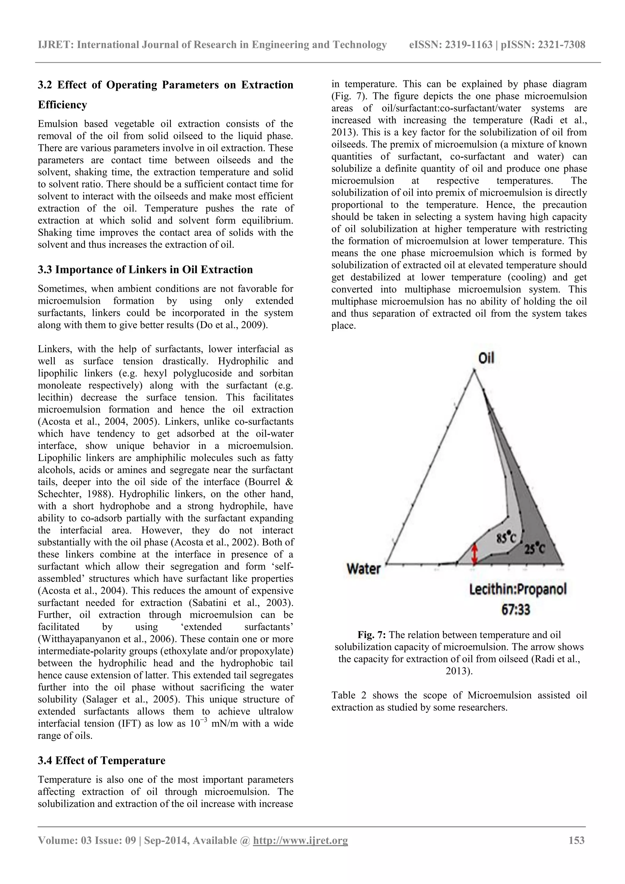 IJRET: International Journal of Research in Engineering and Technology eISSN: 2319-1163 | pISSN: 2321-7308 
_______________________________________________________________________________________ 
Volume: 03 Issue: 09 | Sep-2014, Available @ http://www.ijret.org 153 
3.2 Effect of Operating Parameters on Extraction Efficiency Emulsion based vegetable oil extraction consists of the removal of the oil from solid oilseed to the liquid phase. There are various parameters involve in oil extraction. These parameters are contact time between oilseeds and the solvent, shaking time, the extraction temperature and solid to solvent ratio. There should be a sufficient contact time for solvent to interact with the oilseeds and make most efficient extraction of the oil. Temperature pushes the rate of extraction at which solid and solvent form equilibrium. Shaking time improves the contact area of solids with the solvent and thus increases the extraction of oil. 
3.3 Importance of Linkers in Oil Extraction Sometimes, when ambient conditions are not favorable for microemulsion formation by using only extended surfactants, linkers could be incorporated in the system along with them to give better results (Do et al., 2009). Linkers, with the help of surfactants, lower interfacial as well as surface tension drastically. Hydrophilic and lipophilic linkers (e.g. hexyl polyglucoside and sorbitan monoleate respectively) along with the surfactant (e.g. lecithin) decrease the surface tension. This facilitates microemulsion formation and hence the oil extraction (Acosta et al., 2004, 2005). Linkers, unlike co-surfactants which have tendency to get adsorbed at the oil-water interface, show unique behavior in a microemulsion. Lipophilic linkers are amphiphilic molecules such as fatty alcohols, acids or amines and segregate near the surfactant tails, deeper into the oil side of the interface (Bourrel & Schechter, 1988). Hydrophilic linkers, on the other hand, with a short hydrophobe and a strong hydrophile, have ability to co-adsorb partially with the surfactant expanding the interfacial area. However, they do not interact substantially with the oil phase (Acosta et al., 2002). Both of these linkers combine at the interface in presence of a surfactant which allow their segregation and form „self- assembled‟ structures which have surfactant like properties (Acosta et al., 2004). This reduces the amount of expensive surfactant needed for extraction (Sabatini et al., 2003). Further, oil extraction through microemulsion can be facilitated by using „extended surfactants‟ (Witthayapanyanon et al., 2006). These contain one or more intermediate-polarity groups (ethoxylate and/or propoxylate) between the hydrophilic head and the hydrophobic tail hence cause extension of latter. This extended tail segregates further into the oil phase without sacrificing the water solubility (Salager et al., 2005). This unique structure of extended surfactants allows them to achieve ultralow interfacial tension (IFT) as low as 10−3 mN/m with a wide range of oils. 3.4 Effect of Temperature 
Temperature is also one of the most important parameters affecting extraction of oil through microemulsion. The solubilization and extraction of the oil increase with increase in temperature. This can be explained by phase diagram (Fig. 7). The figure depicts the one phase microemulsion areas of oil/surfactant:co-surfactant/water systems are increased with increasing the temperature (Radi et al., 2013). This is a key factor for the solubilization of oil from oilseeds. The premix of microemulsion (a mixture of known quantities of surfactant, co-surfactant and water) can solubilize a definite quantity of oil and produce one phase microemulsion at respective temperatures. The solubilization of oil into premix of microemulsion is directly proportional to the temperature. Hence, the precaution should be taken in selecting a system having high capacity of oil solubilization at higher temperature with restricting the formation of microemulsion at lower temperature. This means the one phase microemulsion which is formed by solubilization of extracted oil at elevated temperature should get destabilized at lower temperature (cooling) and get converted into multiphase microemulsion system. This multiphase microemulsion has no ability of holding the oil and thus separation of extracted oil from the system takes place. 
Fig. 7: The relation between temperature and oil solubilization capacity of microemulsion. The arrow shows the capacity for extraction of oil from oilseed (Radi et al., 2013). Table 2 shows the scope of Microemulsion assisted oil extraction as studied by some researchers. 
 