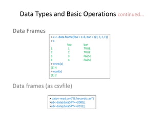 Data Types and Basic Operations continued...
Data Frames
Data frames (as csvfile)
> x <- data.frame(foo = 1:4, bar = c(T, T, F, F))
> x
foo bar
1 1 TRUE
2 2 TRUE
3 3 FALSE
4 4 FALSE
> nrow(x)
[1] 4
> ncol(x)
[1] 2
> data<-read.csv("G:/records.csv")
>cd<-data[data$PY==2000,]
>cd<-data[data$PY==2012,]
 
