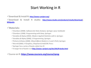 Start Working in R
Download & Install R: http://www.r-project.org/
Download & Install R studio: http://www.rstudio.com/products/rstudio/download/,
Wikipedia
Materials:
Chambers (2008). Software for Data Analysis, Springer. (your textbook)
Chambers (1998). Programming with Data, Springer.
Venables & Ripley (2002). Modern Applied Statistics with S, Springer.
Venables & Ripley (2000). S Programming, Springer.
Pinheiro & Bates (2000). Mixed-Effects Models in S and S-PLUS, Springer.
Murrell (2005). R Graphics, Chapman & Hall/CRC Press.·
Springer has a series of books called Use R!.
A longer list of books is at http://www.r-project.org/doc/bib/R-books.html
Course on R: https://www.coursera.org/course/rprog
 