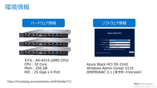 © Copyright 2021 Dell Technologies 10
of Y
環境情報
モデル︓AX-6515 (AMD CPU)
CPU︓32 Core
Mem︓256 GB
NIC : 25 Giga x 4 Port
ハードウェア情報 ソフトウェア情報
Azure Stack HCI OS 21H2
Windows Admin Center 2110
OMIMSWAC 2.1 (未サポートVersion）
https://hcicatalog.azurewebsites.net/#/details/112
 