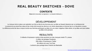 REAL BEAUTY SKETCHES - DOVE
CONTEXTE
Dove doit renouveler sa signature « La beauté intérieure ».
DÉVELOPPEMENT
La marque met en place une opération qui fait se décrire les femmes pour qu’elles se fassent dessiner par un professionnel.
La personne qui prend leur place et les croise doit ensuite les décrire à ce même dessinateur et donner lieu à un deuxième croquis.
La différence entre les deux croquis montre aux femmes participant qu’elles ont une vision négative d’elle-même, et qu’elles sont plus belles
qu’elles ne le pensent.
RESULTATS
3 milliards d’impression media et des parutions sur des marques media TV, presse
2 million de partages Facebook,
208 million d’impressions Twitter
46 millions de vues YouTube
L’article le plus partagé dans l’histoire de Mashable
http://www.canneslions.com/work/2013/effectiveness/
 