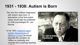 1931 - 1938: Autism is Born
The very first children diagnosed
with autism were born. A
description of the first autism
cases would later be published
by child psychologist Dr. Leo
Kanner.
In his 1943, research paper
Autistic Disturbances of
Affective Contact he would
describe the condition as
“differs so markedly and
uniquely from anything reported
 