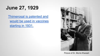 June 27, 1929
Thimerosal is patented and
would be used in vaccines
starting in 1931.
Picture of Dr. Morris Kharash
 