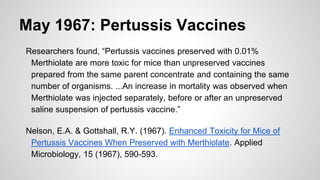 May 1967: Pertussis Vaccines
Researchers found, “Pertussis vaccines preserved with 0.01%
Merthiolate are more toxic for mice than unpreserved vaccines
prepared from the same parent concentrate and containing the same
number of organisms. ...An increase in mortality was observed when
Merthiolate was injected separately, before or after an unpreserved
saline suspension of pertussis vaccine.”
Nelson, E.A. & Gottshall, R.Y. (1967). Enhanced Toxicity for Mice of
Pertussis Vaccines When Preserved with Merthiolate. Applied
Microbiology, 15 (1967), 590-593.
 