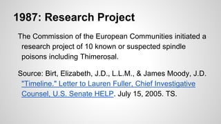 1987: Research Project
The Commission of the European Communities initiated a
research project of 10 known or suspected spindle
poisons including Thimerosal.
Source: Birt, Elizabeth, J.D., L.L.M., & James Moody, J.D.
"Timeline." Letter to Lauren Fuller, Chief Investigative
Counsel, U.S. Senate HELP. July 15, 2005. TS.
 