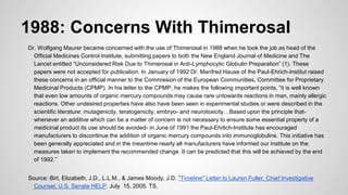 1988: Concerns With Thimerosal
Dr. Wolfgang Maurer became concerned with the use of Thimerosal in 1988 when he took the job as head of the
Official Medicines Control Institute, submitting papers to both the New England Journal of Medicine and The
Lancet entitled “Unconsidered Risk Due to Thimerosal in Anti-Lymphocytic Globulin Preparation” (1). These
papers were not accepted for publication. In January of 1992 Dr. Manfred Hause of the Paul-Ehrich-Institut raised
these concerns in an official manner to the Commission of the European Communities, Committee for Proprietary
Medicinal Products (CPMP). In his letter to the CPMP, he makes the following important points, “it is well known
that even low amounts of organic mercury compounds may cause rare untowards reactions in man, mainly allergic
reactions. Other undesired properties have also have been seen in experimental studies or were described in the
scientific literature: mutagenicity, teratogenicity, embryo- and neurotoxicity…Based upon the principle that-
whenever an additive which can be a matter of concern is not necessary to ensure some essential property of a
medicinal product its use should be avoided- in June of 1991 the Paul-Ehrlich-Institute has encouraged
manufacturers to discontinue the addition of organic mercury compounds into immunoglobulins. This initiative has
been generally appreciated and in the meantime nearly all manufacturers have informed our institute on the
measures taken to implement the recommended change. It can be predicted that this will be achieved by the end
of 1992.”
Source: Birt, Elizabeth, J.D., L.L.M., & James Moody, J.D. "Timeline" Letter to Lauren Fuller, Chief Investigative
Counsel, U.S. Senate HELP. July 15, 2005. TS.
 