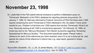November 23, 1998
Dr. Leslie Ball of the FDA asked internal reviewers to perform a Medwatch query on
Thimerosal. Medwatch is the FDA’s database for reporting adverse drug events. On
January 7, 1999, Dr. Ball was informed by Fredrick Varricchio of FDA that there were 7,000
reports containing the word Thimerosal on FDA’s Medwatch (18). He stated “I have some
results for you. Problem is that there are 7,000 reports that mention Thimerosal. What to do
now. Obviously looking at all 7,000 is a brute force approach.” On February 16, 1999, an
email was sent to the “Mercury Reviewers” from Steven Aurecchia regarding “Screening
Spreadsheet for Mercury Studies.” This document specifically states “Please make a
reference for each of the references you have received, even if it is not a study per se. Just
specify the nature of the reference in column two, e.g. case report, general or review
article, etc.”
Source:Birt, Elizabeth, J.D., L.L.M., & James Moody, J.D."Timeline" Letter to Lauren Fuller,
Chief Investigative Counsel, U.S. Senate HELP. July 15, 2005. TS.
 
