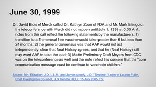 June 30, 1999
Dr. David Blois of Merck called Dr. Kathryn Zoon of FDA and Mr. Mark Elengold;
the teleconference with Merck did not happen until July 1, 1999 at 8:00 A.M.;
notes from this call reflect the following statements by the manufacturers; 1)
transition to a Thimerosal free vaccine would take greater than 6 but less than
24 months; 2) the general consensus was that AAP would not act
independently, clear that Neal Halsey agrees, and that he (Neal Halsey) still
may want AAP to take the lead; 3) Martin Preliminary Draft Meyers from CDC
was on the teleconference as well and the note reflect his concern that the "core
communication message must be continue to vaccinate children."
Source: Birt, Elizabeth, J.D.,L.L.M., and James Moody, J.D. "Timeline." Letter to Lauren Fuller,
Chief Investigative Counsel, U.S. Senate HELP. 15 July 2005. TS.
 