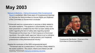 May 2003
Mercury in Medicine – Taking Unnecessary Risk Congressional
Report is published. After three years of Congression...