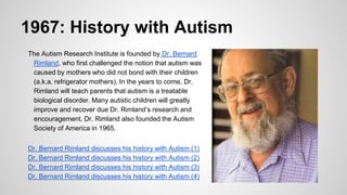 1967: History with Autism
The Autism Research Institute is founded by Dr. Bernard
Rimland, who first challenged the notion that autism was
caused by mothers who did not bond with their children
(a.k.a. refrigerator mothers). In the years to come, Dr.
Rimland will teach parents that autism is a treatable
biological disorder. Many autistic children will greatly
improve and recover due Dr. Rimland’s research and
encouragement. Dr. Rimland also founded the Autism
Society of America in 1965.
Dr. Bernard Rimland discusses his history with Autism (1)
Dr. Bernard Rimland discusses his history with Autism (2)
Dr. Bernard Rimland discusses his history with Autism (3)
Dr. Bernard Rimland discusses his history with Autism (4)
 