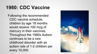 1980: CDC Vaccine
Following the recommended
CDC vaccine schedule,
children by age 18 months
would receive 100 mcg of
mercury in their vaccines.
Throughout the 1980s Autism
continues to be a rare
childhood disorder with an
autism rate of 1-2 children per
every 10,000.
 