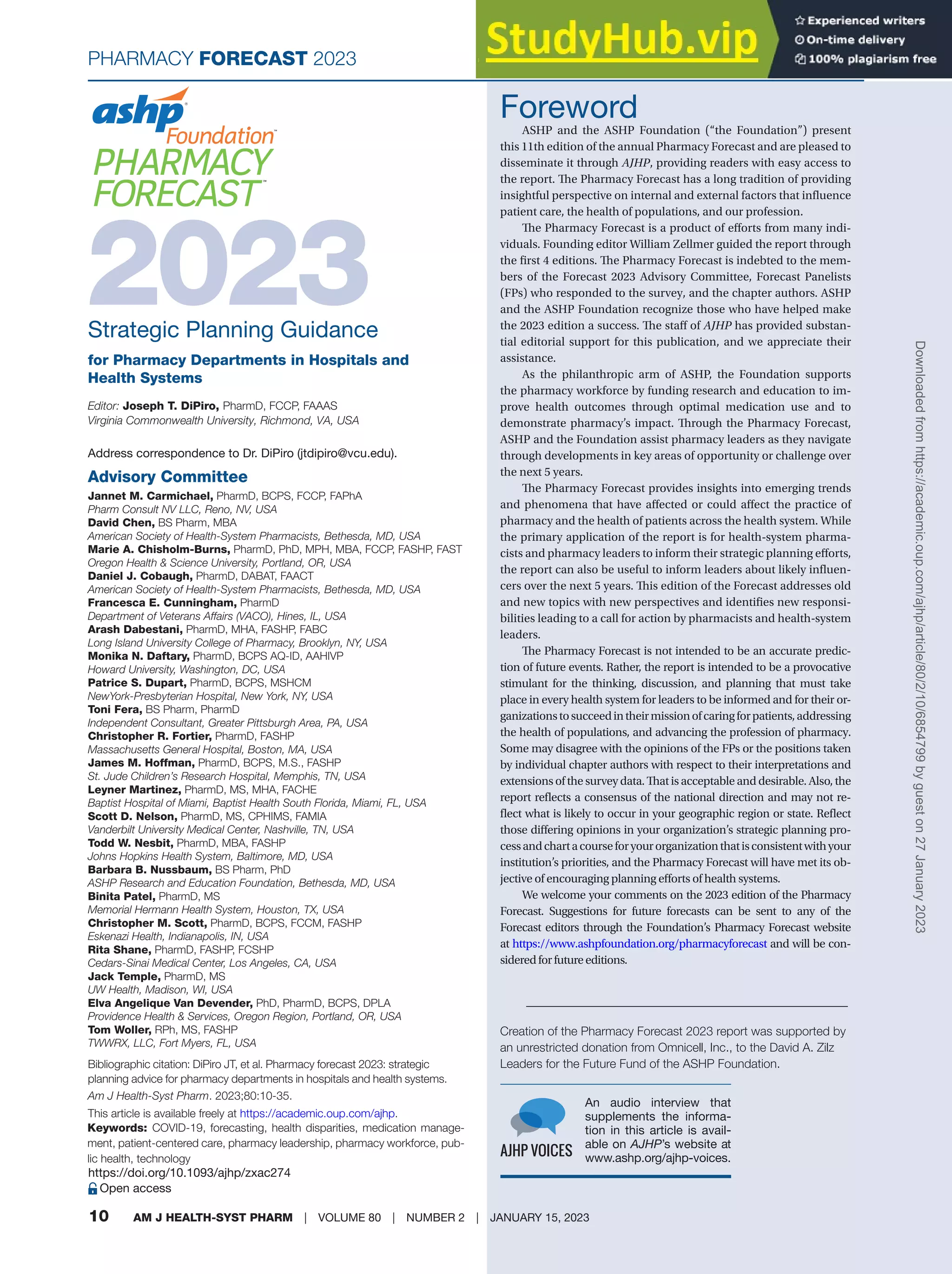ASHP Foundation Pharmacy Forecast 2023 Strategic Planning Guidance For