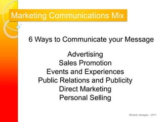 Marketing Communications Mix
6 Ways to Communicate your Message
Advertising
Sales Promotion
Events and Experiences
Public Relations and Publicity
Direct Marketing
Personal Selling
Ricardo Vanegas – 2011
