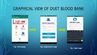 GRAPHICAL VIEW OF DUET BLOOD BANK
Fig.: Homepage Fig.: Registration page
Fig.: Login page
 