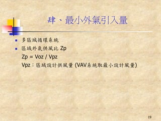 肆、最小外氣引入量

   多區域循環系統
   區域外氣供風比 Zp
    Zp = Voz / Vpz
    Vpz：區域設計供風量 (VAV系統取最小設計風量)




                                 19
 