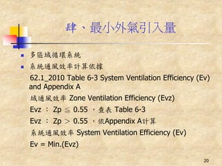 肆、最小外氣引入量

   多區域循環系統
   系統通風效率計算依據
    62.1_2010 Table 6-3 System Ventilation Efficiency (Ev)
    and Appendix A
    域通風效率 Zone Ventilation Efficiency (Evz)
    Evz ： Zp ≦ 0.55 ，查表 Table 6-3
    Evz ： Zp ＞ 0.55 ，依Appendix A計算
    系統通風效率 System Ventilation Efficiency (Ev)
    Ev = Min.(Evz)

                                                        20
 