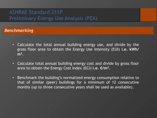 ASHRAE Standard 211P
Preliminary Energy Use Analysis (PEA)
• Calculate the total annual building energy use, and divide by the
gross floor area to obtain the Energy Use Intensity (EUI) i.e. kWh/
m2.
• Calculate total annual building energy cost and divide by gross floor
area to obtain the Energy Cost Index (ECI) i.e. €/m2.
• Benchmark the building’s normalized energy consumption relative to
that of similar (peer) buildings for a minimum of 12 consecutive
months (up to three consecutive years shall be used as available).
Benchmarking
 