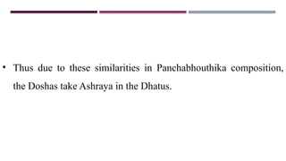 • Thus due to these similarities in Panchabhouthika composition,
the Doshas take Ashraya in the Dhatus.
 