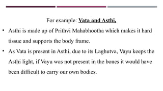 For example: Vata and Asthi,
• Asthi is made up of Prithvi Mahabhootha which makes it hard
tissue and supports the body frame.
• As Vata is present in Asthi, due to its Laghutva, Vayu keeps the
Asthi light, if Vayu was not present in the bones it would have
been difficult to carry our own bodies.
 