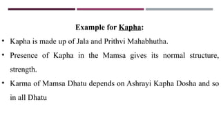 Example for Kapha:
• Kapha is made up of Jala and Prithvi Mahabhutha.
• Presence of Kapha in the Mamsa gives its normal structure,
strength.
• Karma of Mamsa Dhatu depends on Ashrayi Kapha Dosha and so
in all Dhatu
 