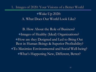 1.  Images of 2020: Your Visions of a Better World  Wake Up 2020:  A. What Does Our World Look Like?  B. How About the Role of Business?  Images of Healthy (Ideal) Organizations?  How are they Designed and Led to Bring Out   Best in Human Beings & Superior Profitability?  To Maximize Environmental and Social Well-being? What’s Happening New, Different, Better? 