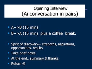 Opening Interview   (Ai conversation in pairs) A-->B (15 min) B-->A (15 min)  plus a coffee  break. Spirit of discovery— strengths, aspirations, opportunities, results Take brief notes  At the end..  summary & thanks  Return @ 