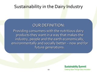 Sustainability in the Dairy Industry OUR DEFINITION: Providing consumers with the nutritious dairy products they want in a way that makes the industry, people and the earth economically, environmentally and socially better – now and for future generations. 