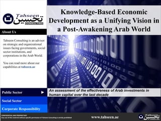 Knowledge-Based Economic
                                                                 Development as a Unifying Vision in
About Us                                                           a Post-Awakening Arab World
  Tahseen Consulting is an advisor
  on strategic and organizational
  issues facing governments, social
  sector institutions, and
  corporations in the Arab World.

  You can read more about our
  capabilities at tahseen.ae




                                                                 An assessment of the effectiveness of Arab investments in
                                                     ▲




Public Sector
                                                                 human capital over the last decade
Social Sector

Corporate Responsibility
CONFIDENTIAL AND PROPRIETARY
Any use of this material without specific permission of Tahseen Consulting is strictly prohibited   www.tahseen.ae
 
