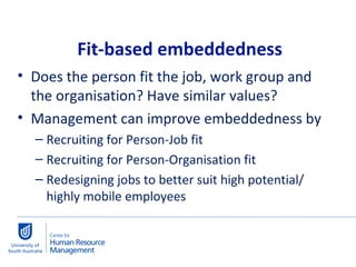 Does the person fit the job, work group and the organisation? Have similar values?  Management can improve embeddedness by  Recruiting for Person-Job fit Recruiting for Person-Organisation fit Redesigning jobs to better suit high potential/ highly mobile employees Fit-based embeddedness 