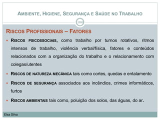 AMBIENTE, HIGIENE, SEGURANÇA E SAÚDE NO TRABALHO
RISCOS PROFISSIONAIS – FATORES
 RISCOS PSICOSSOCIAIS, como trabalho por turnos rotativos, ritmos
intensos de trabalho, violência verbal/física, fatores e conteúdos
relacionados com a organização do trabalho e o relacionamento com
colegas/utentes
 RISCOS DE NATUREZA MECÂNICA tais como cortes, quedas e entalamento
 RISCOS DE SEGURANÇA associados aos incêndios, crimes informáticos,
furtos
 RISCOS AMBIENTAIS tais como, poluição dos solos, das águas, do ar.
100
Elsa Silva
 