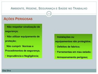 AMBIENTE, HIGIENE, SEGURANÇA E SAÚDE NO TRABALHO
AÇÕES PERIGOSAS
114
Elsa Silva
 Não respeitar sinalização de
segurança;
 Não utilizar equipamento de
proteção;
Não cumprir Normas e
Procedimentos de segurança.
 Imprudência e Negligência;
 Instalações ou
equipamentos não protegidos;
 Defeitos de fabrico;
 Ferramentas em mau estado;
 Armazenamento perigoso;
 