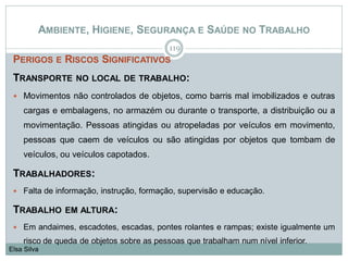 AMBIENTE, HIGIENE, SEGURANÇA E SAÚDE NO TRABALHO
PERIGOS E RISCOS SIGNIFICATIVOS
TRANSPORTE NO LOCAL DE TRABALHO:
 Movimentos não controlados de objetos, como barris mal imobilizados e outras
cargas e embalagens, no armazém ou durante o transporte, a distribuição ou a
movimentação. Pessoas atingidas ou atropeladas por veículos em movimento,
pessoas que caem de veículos ou são atingidas por objetos que tombam de
veículos, ou veículos capotados.
TRABALHADORES:
 Falta de informação, instrução, formação, supervisão e educação.
TRABALHO EM ALTURA:
 Em andaimes, escadotes, escadas, pontes rolantes e rampas; existe igualmente um
risco de queda de objetos sobre as pessoas que trabalham num nível inferior.
119
Elsa Silva
 